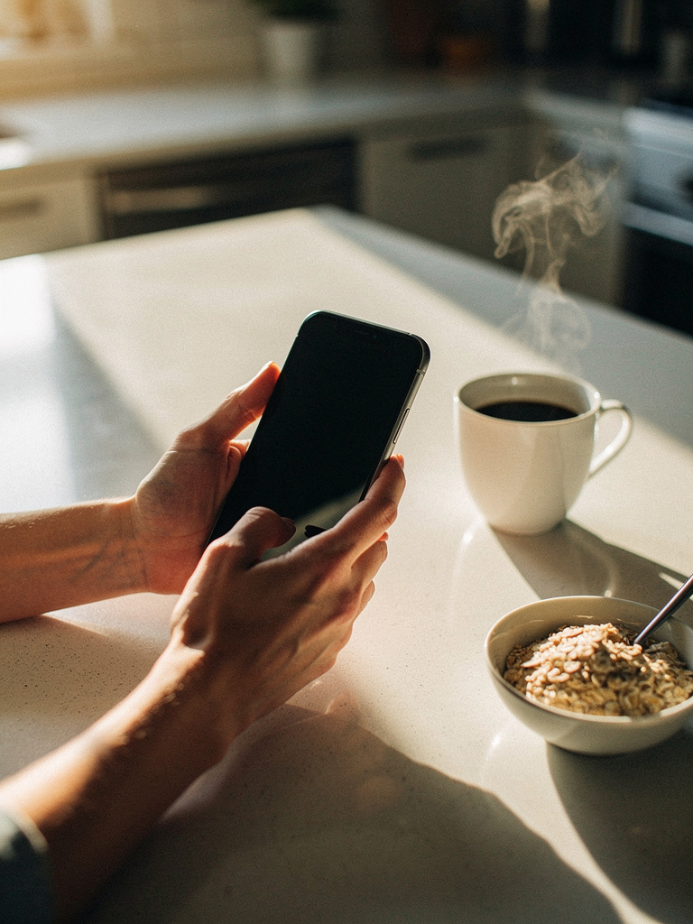 Hands holding a phone at a kitchen counter next to coffee and oats in morning light