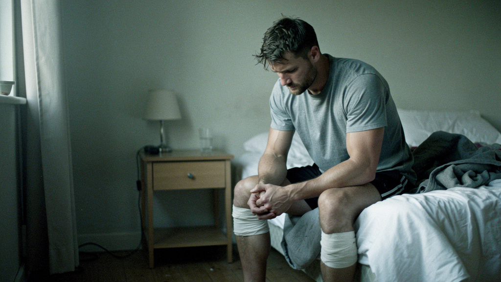 A rugby player sitting on the edge of his bed early in the morning, looking tired