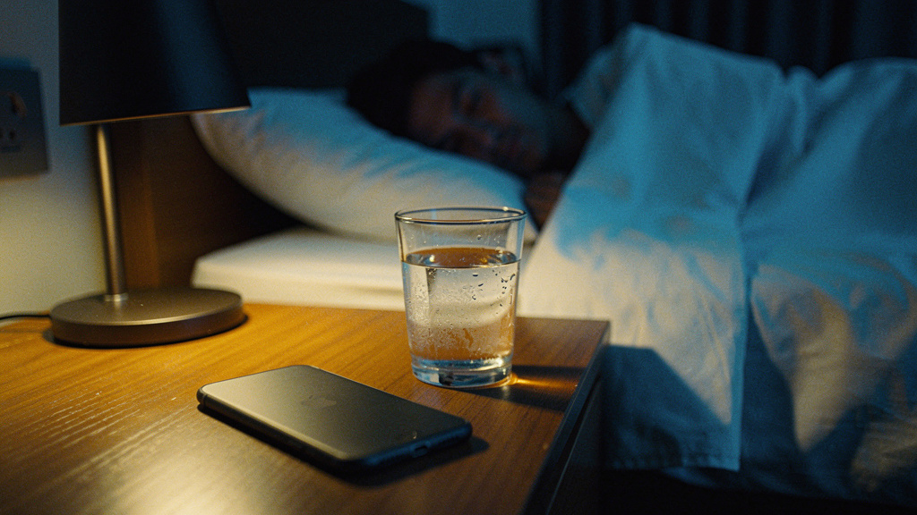 A phone lying face down on a bedside table at night beside a low lamp